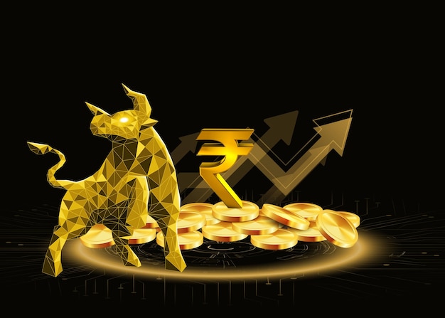 Golden stock market bull with coins and rupee symbol on black background trading business and investment abstraction