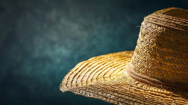 Foto cappello di paglia dorato su uno sfondo scuro con spazio di copia