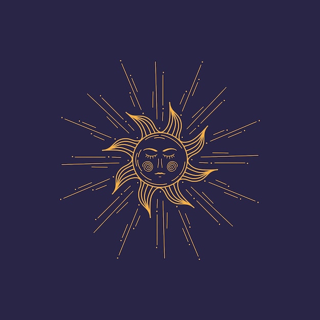 Photo golden sun with rays and anthropomorphic face_ illustration in baroque style on dark blue background