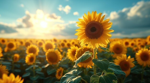 Golden sunflower on field and blue sky stock photo