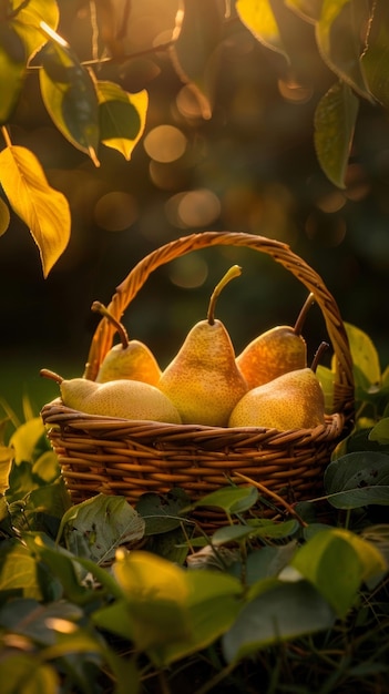 Golden sunlight filters through an orchard highlighting a basket brimming with fresh pears amidst a rustic and pastoral scene