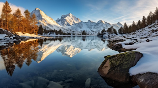 Golden Sunlight Illuminating Snow_Capped Mountain Peaks at Sunrise