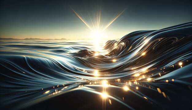 写真 金色の太陽の光 流動的な金属の波 デジタルアート 夕暮れの空の景色 静けさの概念 ジェネレーティブai