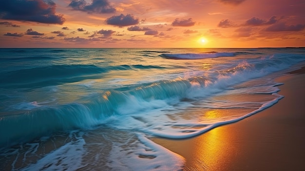 Golden Sunrise Over The Ocean in Miami Beach Florida Tranquil Scene of Waves and Sand on the US