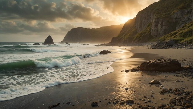 Golden Sunrise at Rocky Beach With Waves