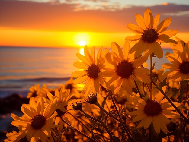 Photo golden sunset backlighting wildflowers on a tranquil ocean shoreline