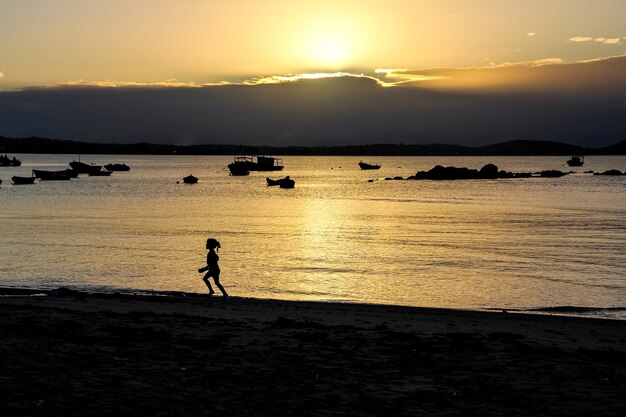 ビーチの黄金の夕日、バックライト付きの女の子が海岸を走る