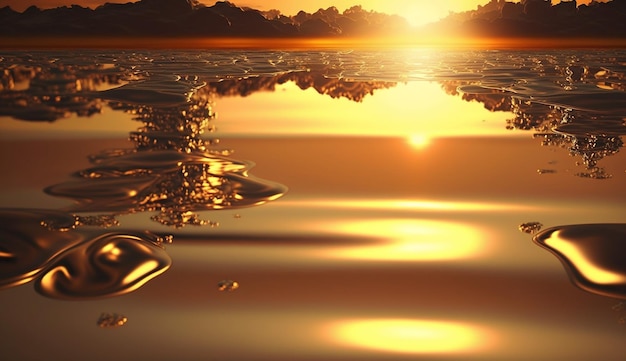 Photo a golden sunset over a body of water with a reflection of the sun and mountains