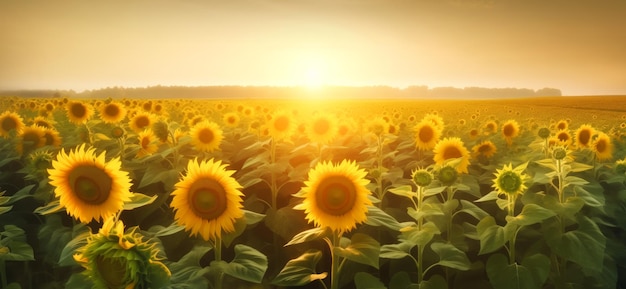 Golden sunset casting a soft light over a field of sunflowers