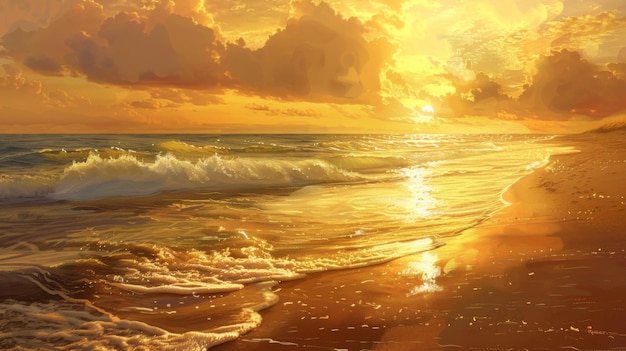 A golden sunset casting warm hues across a tranquil beach painting the sky with shades of orange and gold creating a breathtaking natural spectacle