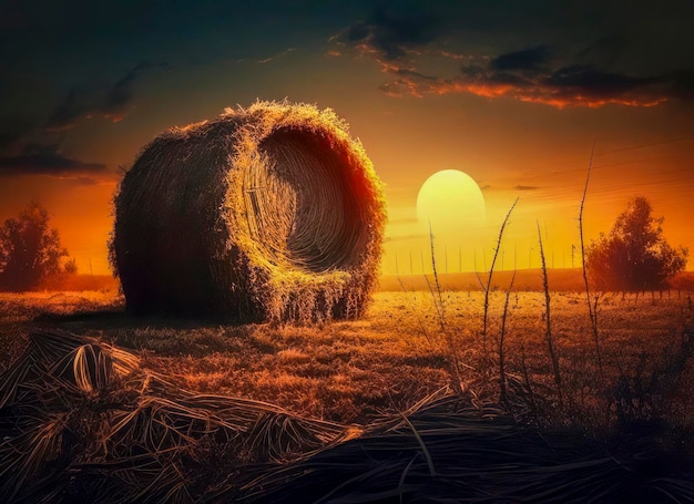 Golden Sunset Over Farmland with Hay Bales