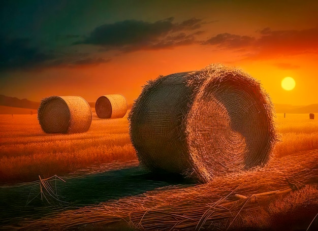 Golden Sunset Over Farmland with Hay Bales