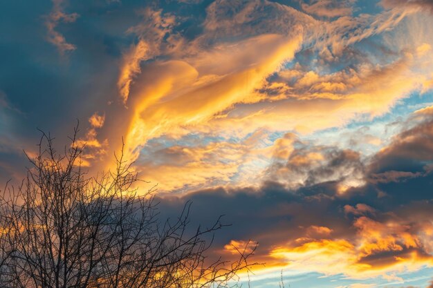 Golden sunset illuminates dense clouds in winter evening sky