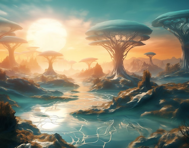 Golden sunset illuminates an enchanting alien world with mushroomlike formations