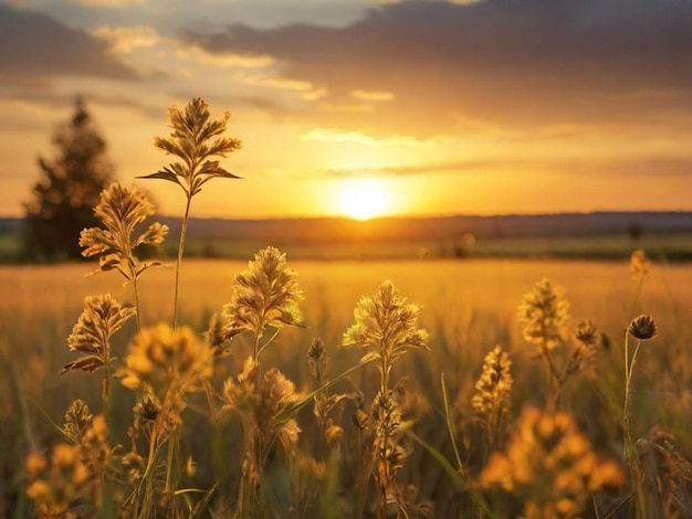 Golden sunset on the meadow and weed rural natural background