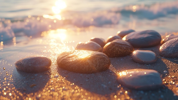 写真 太陽 の 輝く 光 を 反射 する 滑らかな 石 が ある 浜辺 の 金色 の 夕暮れ