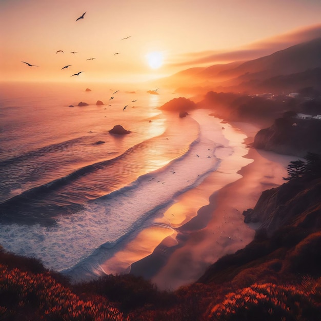 Golden Sunset Over Coastal Waves AI gegenereerd