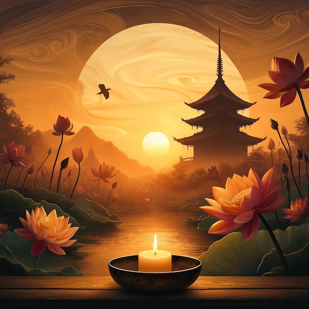 Golden Sunset Pagoda Silhouette Lotus Candle Tranquility