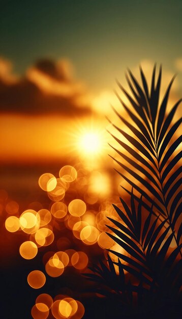 Golden Sunset Palm Silhouette Artistic Bokeh Lights