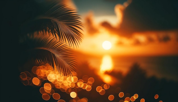 Golden Sunset Palm Silhouette Artistic Bokeh Lights