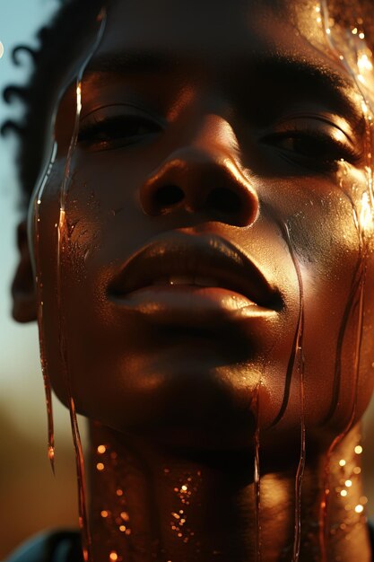 Golden Sunset Portrait Afrodescendant Beauty with Glistening Honey