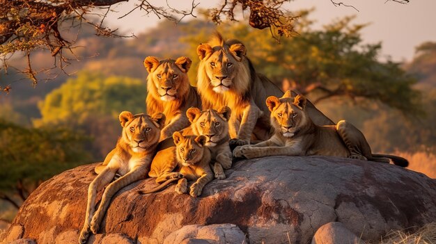 사진 황금한 해가 지는 곳, 웅장한 사자 가족이 평온한 아프리카 사바나 풍경에서 휴식을 취하고 있다.