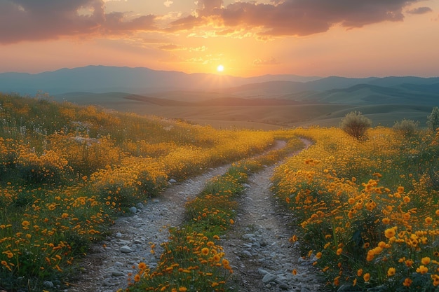 Golden Sunset over Rolling Hills Landscape