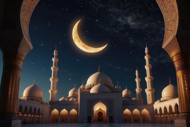 黄金の夕暮れのシルエットと鳥が壮大なモスクの上に 半月が照らされたモスク上に