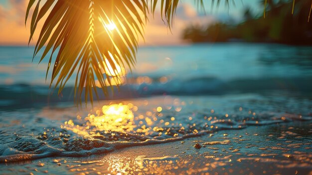 Золотой закат через пальмовые листья на тропическом пляже создает спокойную морскую атмосферу