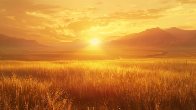 A golden sunset over a tranquil landscape casting a warm glow over fields of wheat and distant mountains