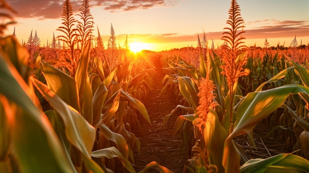 Золотой закат над огромным кукурузным полем Генеративный ИИ