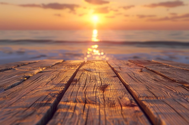 Golden Sunset View Along Weathered Wooden Pier Leading to Horizon Over Calm Sea