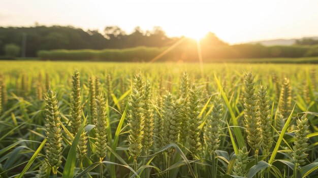 Foto golden sunset over wheat field ideale per i temi dell'agricoltura del raccolto e della bellezza naturale