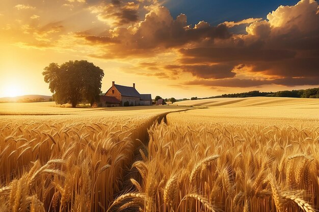 A golden sunset over wheat field