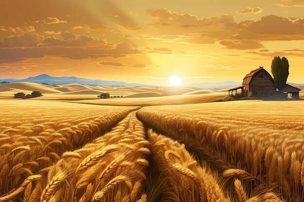 A golden sunset over wheat field