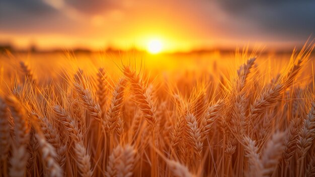 Foto il tramonto dorato con un fascio di grano ben evidenziato che mostra i dettagli generati dall'ia