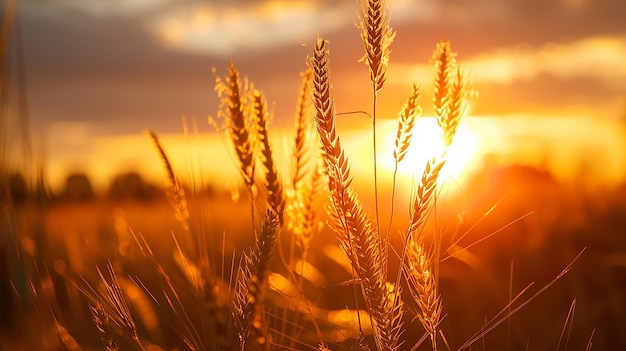 a golden sunset with wheat in the foreground and the sun behind it