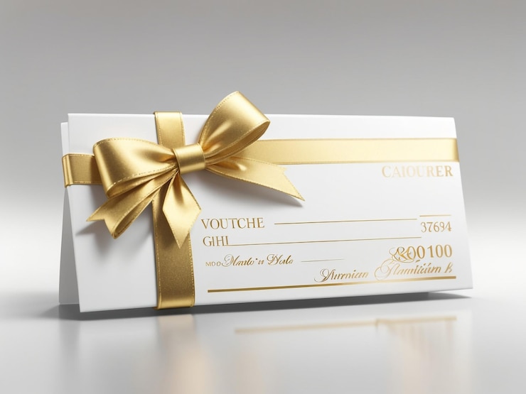 Photo golden surprise white gift voucher with elegant gold ribbon and bow