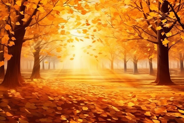 Golden symphony captivating autumn scenery with sunlit yellow leaves and vibrant foliage