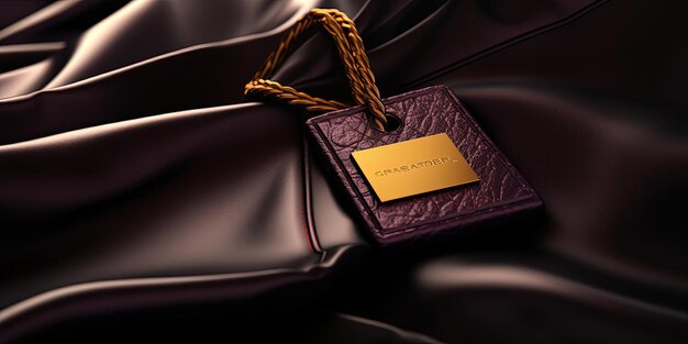 golden tag on brown sweater in the style of dark magenta and gold