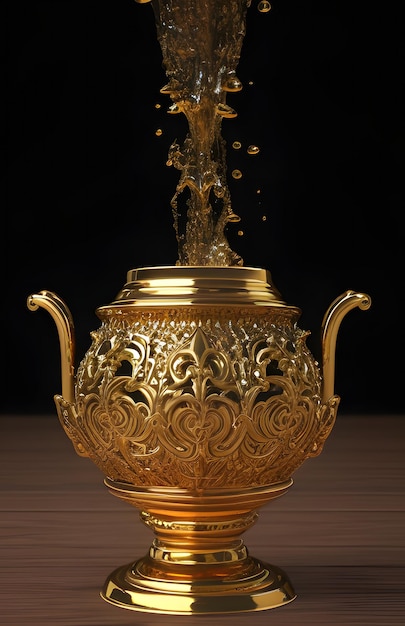 A golden teapot with a water splash on the top
