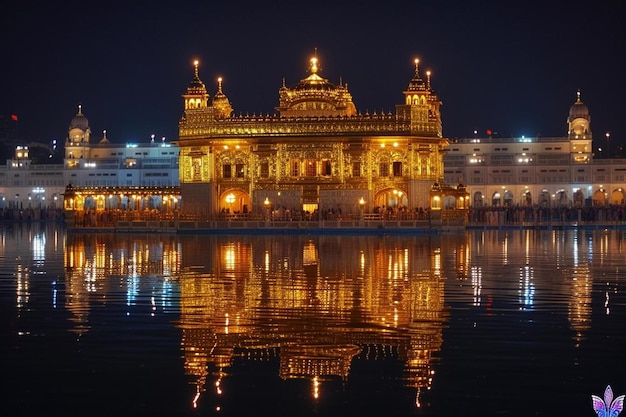 the golden temple is lit up at night