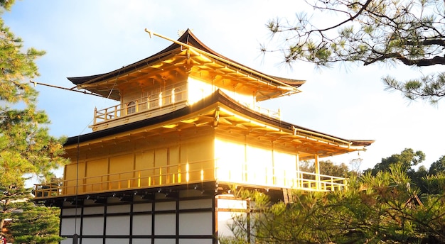 京都の黄金寺院や金閣寺は裏側から撮影し、黄金の素材からの本物の太陽の光のフレアブラーを持っています。