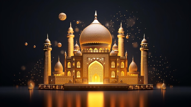 A golden temple with a black background and the moon and stars