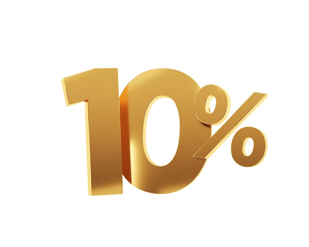 Golden ten percent on white background. 3d render.