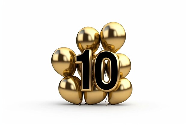 Photo golden ten sign made of inflatable balloons isolated on white