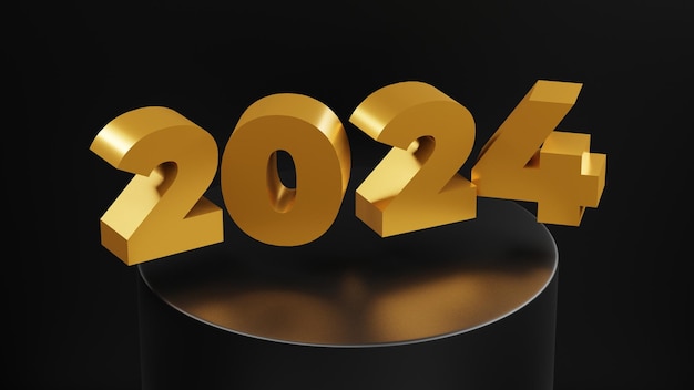 Golden text number 2024 on black pedestal Happy new year background concept with empty podium