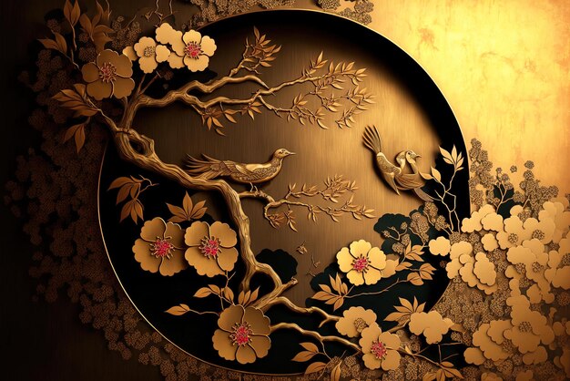 中国と日本の黄金質感の東洋絵画 ラスターイラスト