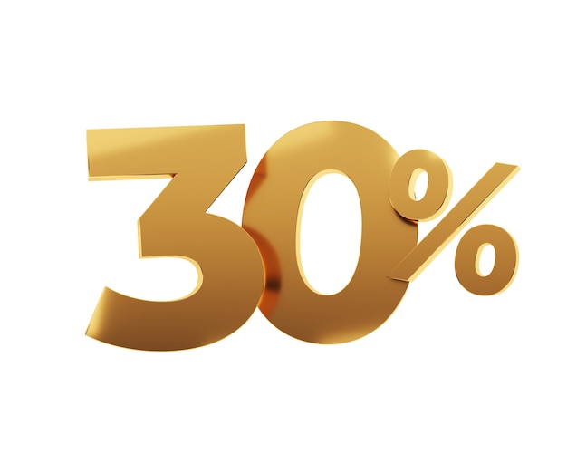 Golden thirty percent on white background. 3d render illustration.