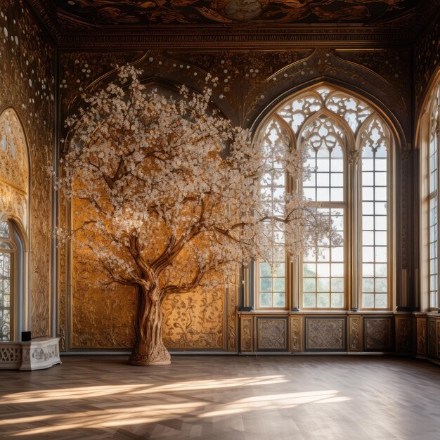 Photo golden threads enchanting tales of books trees and embroidered opulence in a palace ballroom